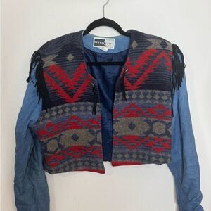 Vintage Rhonda Stark Southwestern Wool Blend and Denim Jacket With Fringe Large